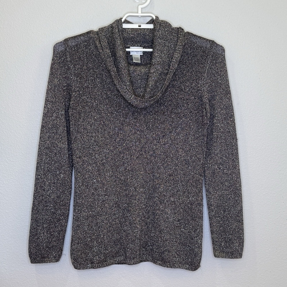 Chico's Cowl Neck Sweater Womens Sz 1 Brown Gold Metallic Long Sleeve Side Slits